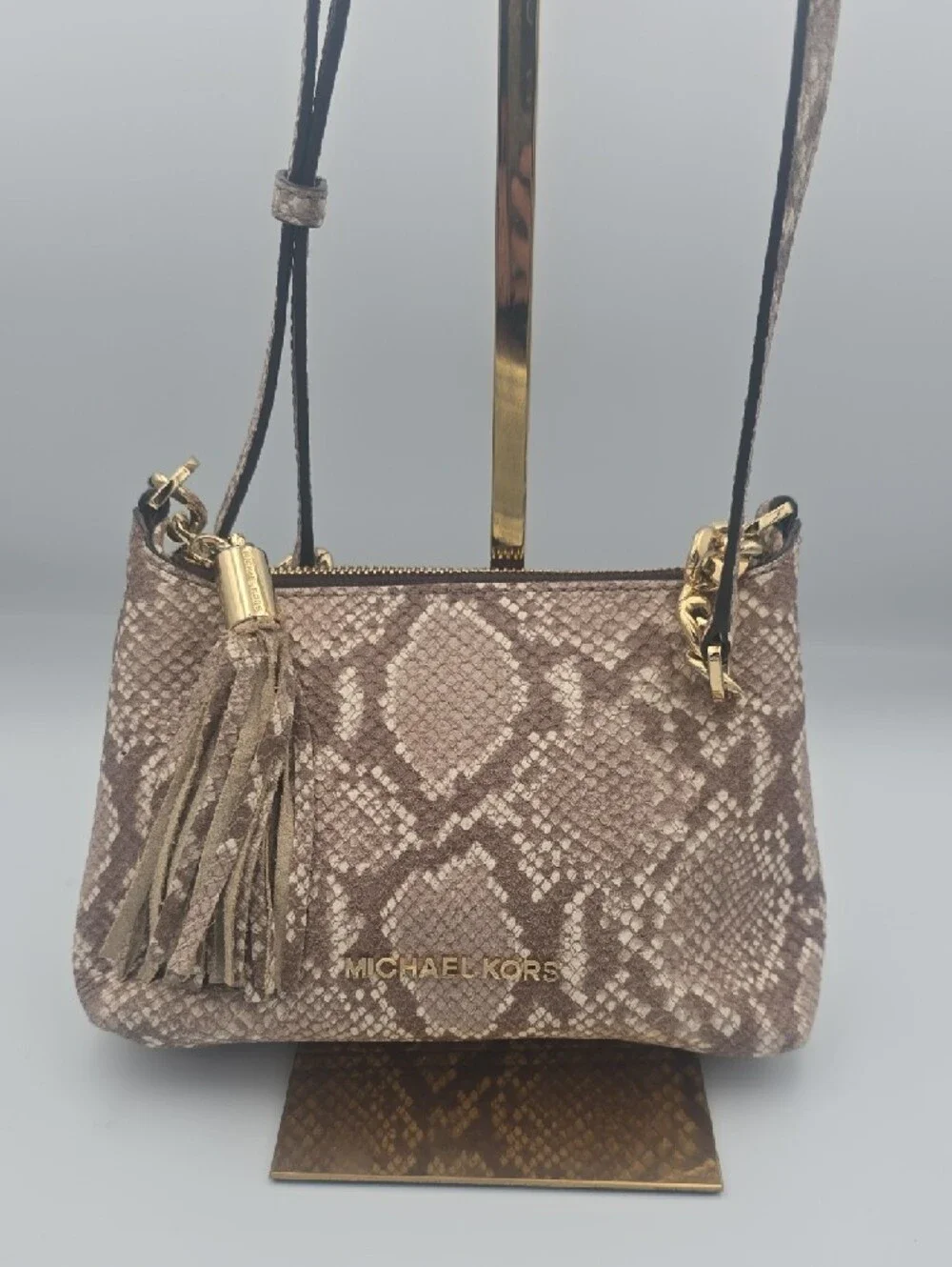 Michael Kors Dark Pink Taupe Snake-Print Small Crossbody W/ Gold & Tassle (EUC)✨